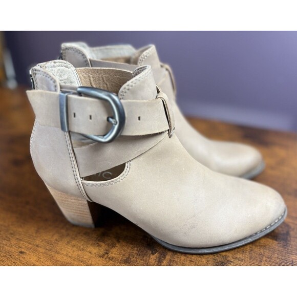 Vionic Upright Rory Ankle Booties Size 7 Taupe Leather Wooden High Heel Cutouts - Picture 1 of 14